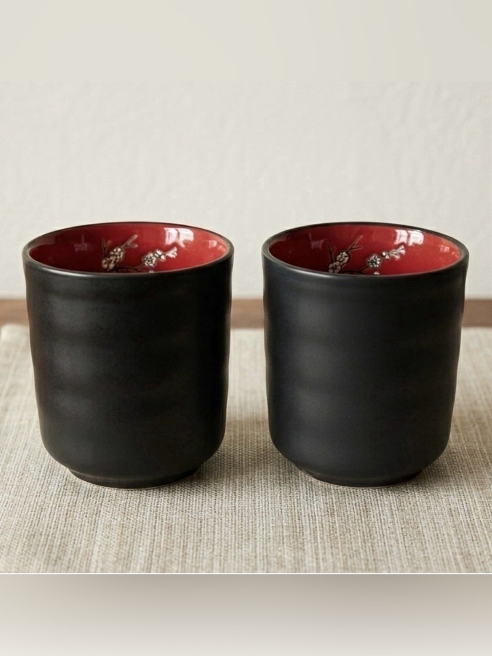 Set of 2 VISUN Sake / Tea Cups Matte Black with Glossy Red & Floral Branches